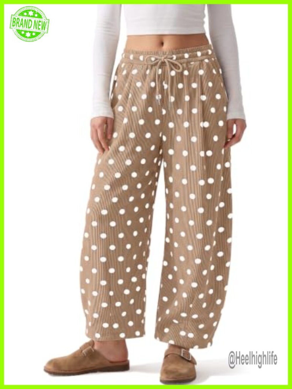 Corduroy Barrel Pants Wide Leg Polka Dot High Waist Drawstring Pockets